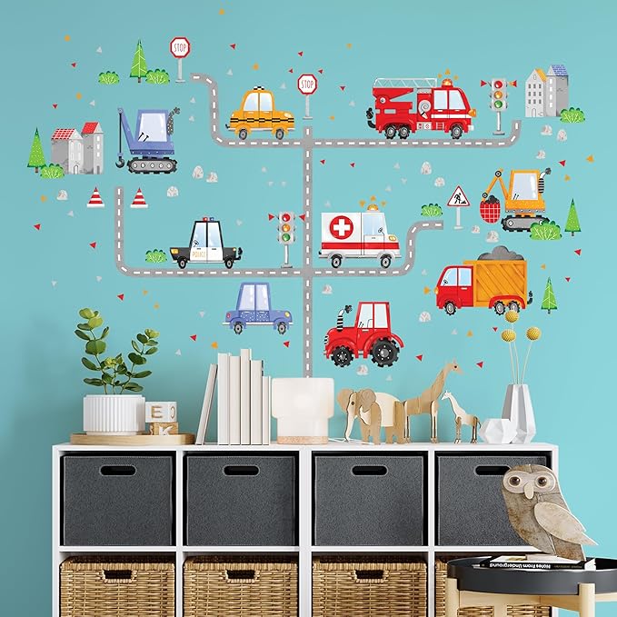 Large Car Wall Decals for Kids by Lipastick - 58 pcs Transports Wall Stickers Peel and Stick Truck Stickers - Wall Decals for Boys Kids Baby Room - Construction Cars City Wall Decor Removable M Size