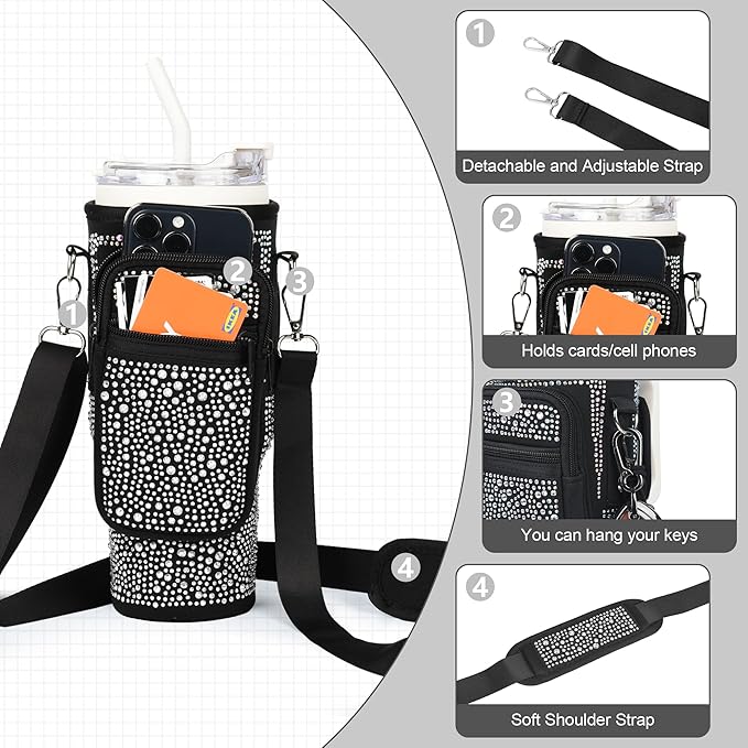 Bling Diamond Water Bottle Carrier Bag with Phone Pocket for Stanley 40/30 oz Tumbler with Card Holder,Neoprene Water Bottle Holder Pouch with Adjustable Strap for Stanley Cup Accessories
