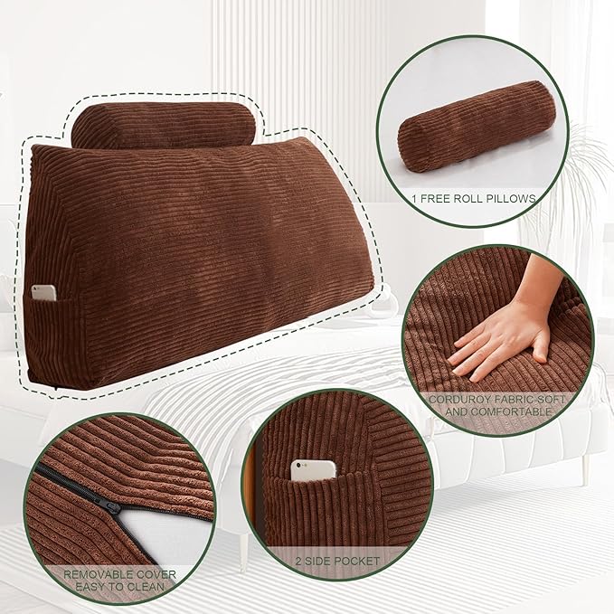 HIGOGOGO Wedge Headboard Pillow, Bed Rest Reading Pillow, Backrest Positioning Support Bolster Cushion with Removable Cover,Twin 40X20.4X8.4,Coffee