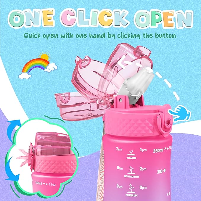 OLDLEY Kids Water Bottle for School, 12 oz (2 lids) BPA-Free Reusable Leak-proof Durable Tritan Plastic Water Bottles with Straw & Chug Lids, Anti-dust Spout Cover (Sunset Glow)