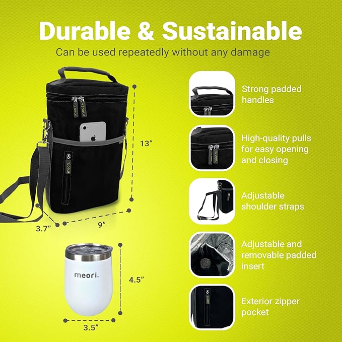 meori 2-Bottle Insulated Wine Tote + Tumbler Set with Lids Bundle Gifts for Wine Lover | Lava Black