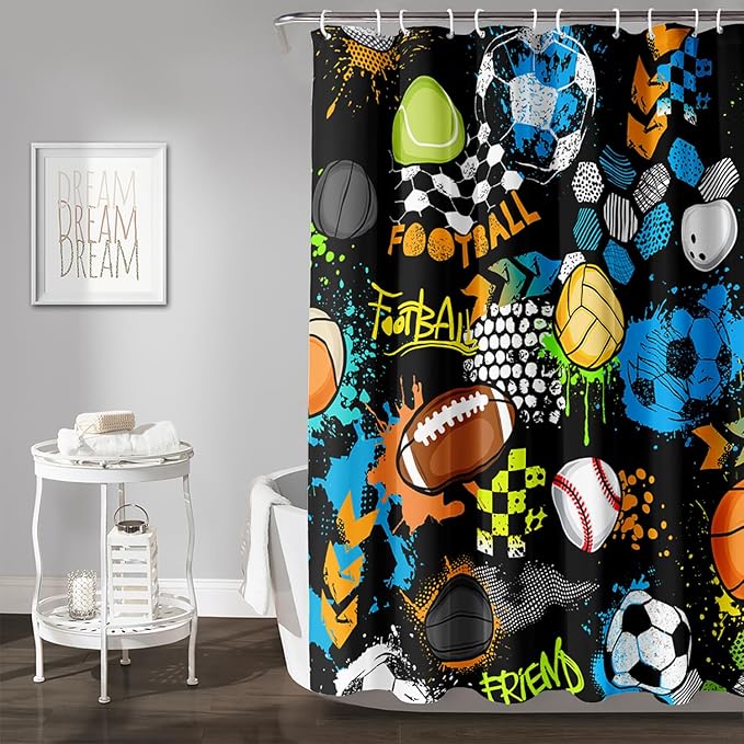 AILONEN Graffiti Sport Shower Curtain,Boys Graffiti Basketball Football Baseball Rugby Sport Bath Curtain Minimalist Bathroom Curtain 48" W*72" H Polyester Waterproof Bathroom Curtain with 12 Hooks