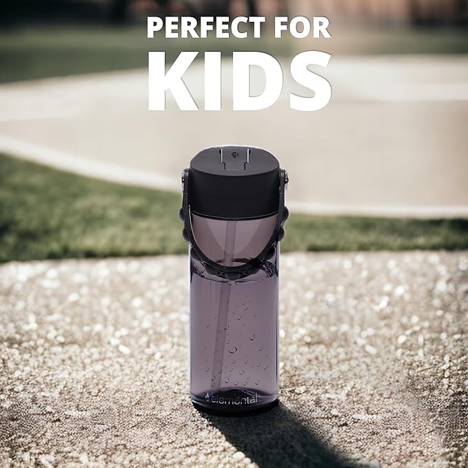 Elemental Leak Proof Water Bottles for Kids - Splash Kids Water Bottle for School with Fun Fidget Pop-it Handle - BPA Free Tritan Plastic Reusable Water Bottle with Straw - Black - 18oz