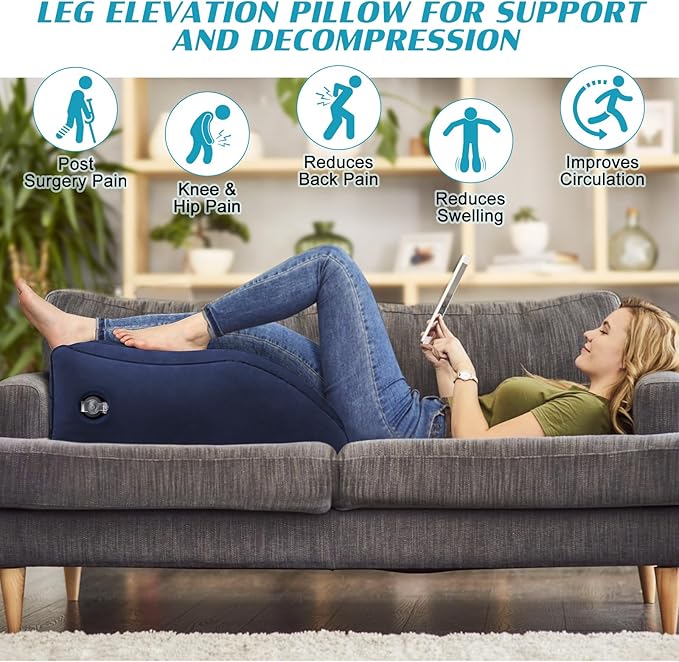 Wedge Pillow for Sleeping - Inflatable Leg Elevation Pillow for Swelling,Circulation,Leg & Back Pain Relief,Leg Support Pillow,Leg Wedge Pillows for After Aurgery,Hip,Foot,Ankle Recovery (Blue)