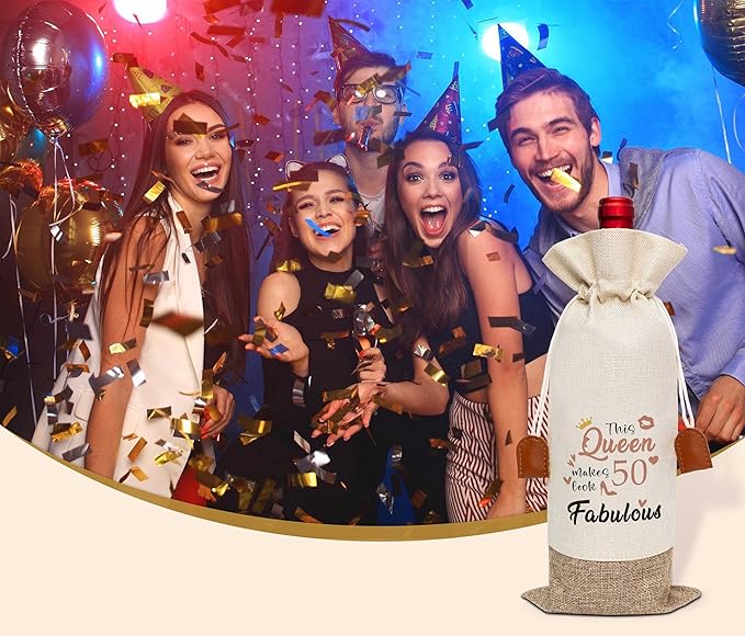 Funny 50th Birthday Wine Bag, Cotton Linen Wine Gift Bag With Drawstring, Wine Champagne Bottle Gift Bag, 50th Birthday Gifts Wine Bag for Woman Her Friend Sister, 50th Birthday Party Favors-26