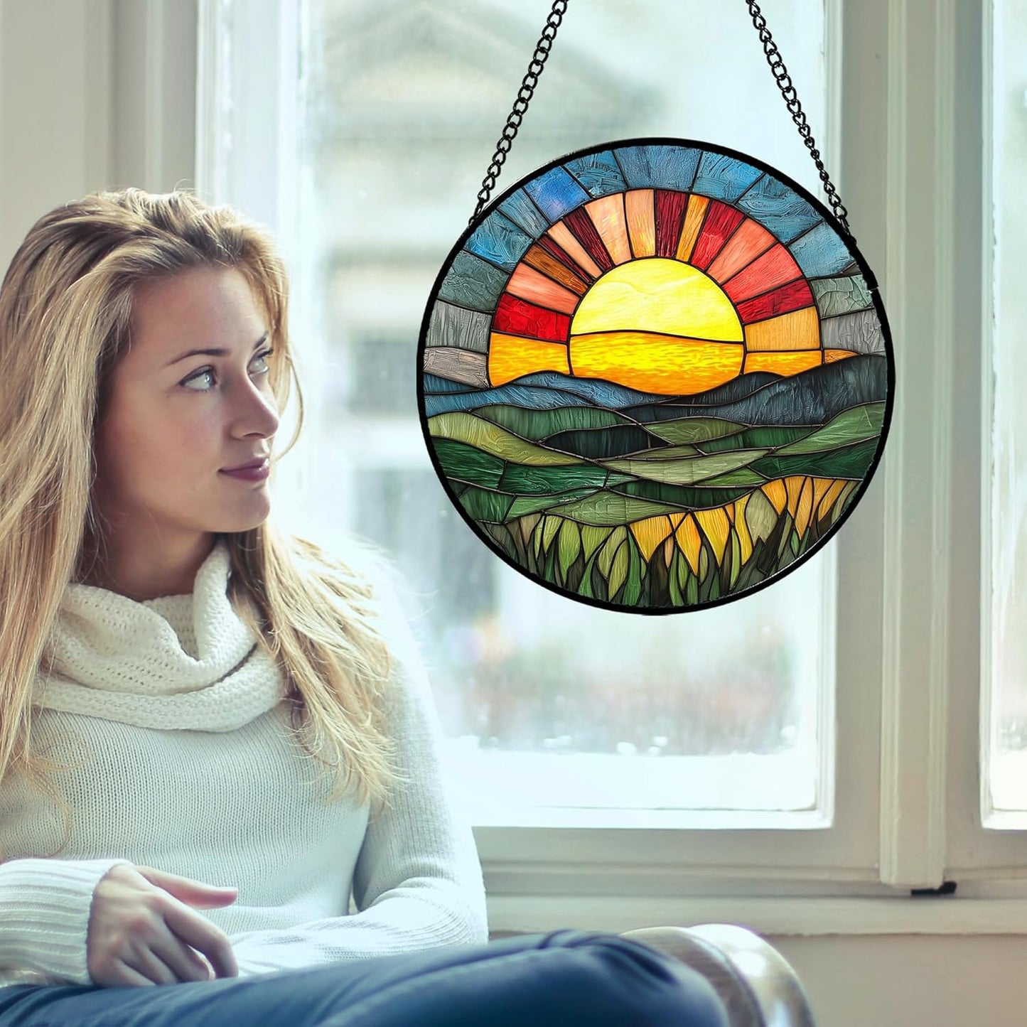 Stained Glass Window Hanging, Golden Red Sun Green Mountain Suncatcher for Window Home Decor Nature Landscape Sun Catcher Mother's Day Birthday Gifts for Women Men Mom Nana 6.3 in