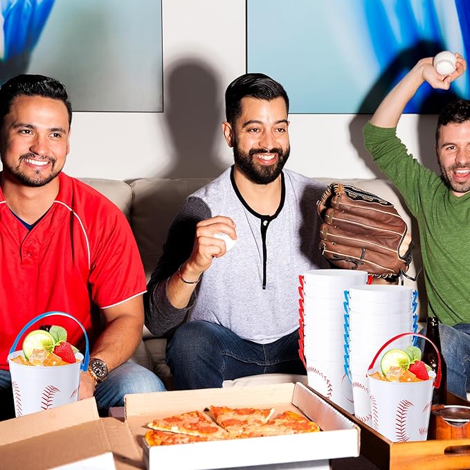 Mifoci Baseball Small Plastic Bucket with Handles 34 oz Versatile Baseball Treat Bucket Baseball Ice Bucket Bulk for Wine Beverage Baseball Party Bar Alcohol Beer Snack Drink Pail Gifts(30 Pcs)