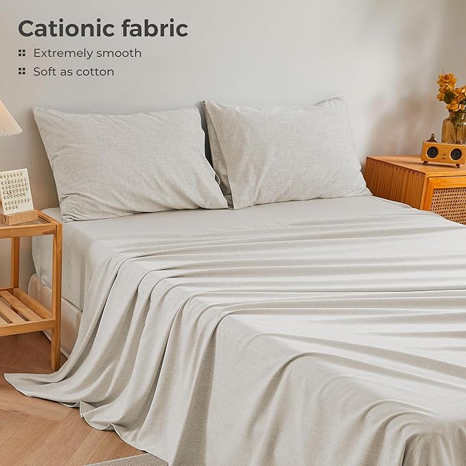 King Sheets Khaki, Ultral Soft Cationic Linen Look Sheets, Luxury Cooling Cozy Bed Sheet Set with Non-Slip Fitted Sheet