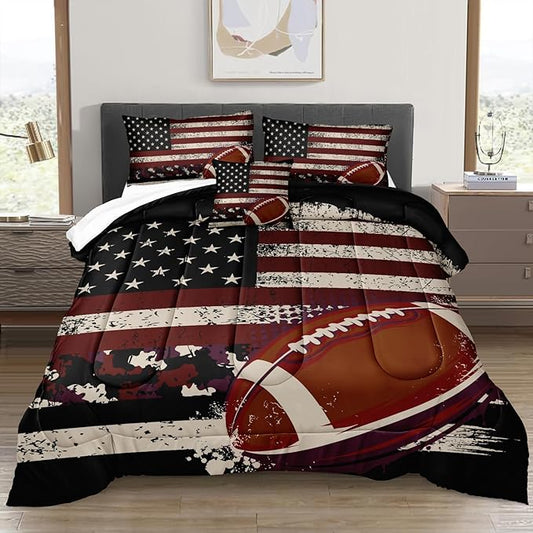 Bedbay Flag Camo Comforter Set Camouflage Bedding American Flag Comforter Set Queen Vintage Camo Football Bedding Teen Boys Military Army Comforter 4 Pcs Rugby Ball Games Sports Theme Duvet Set