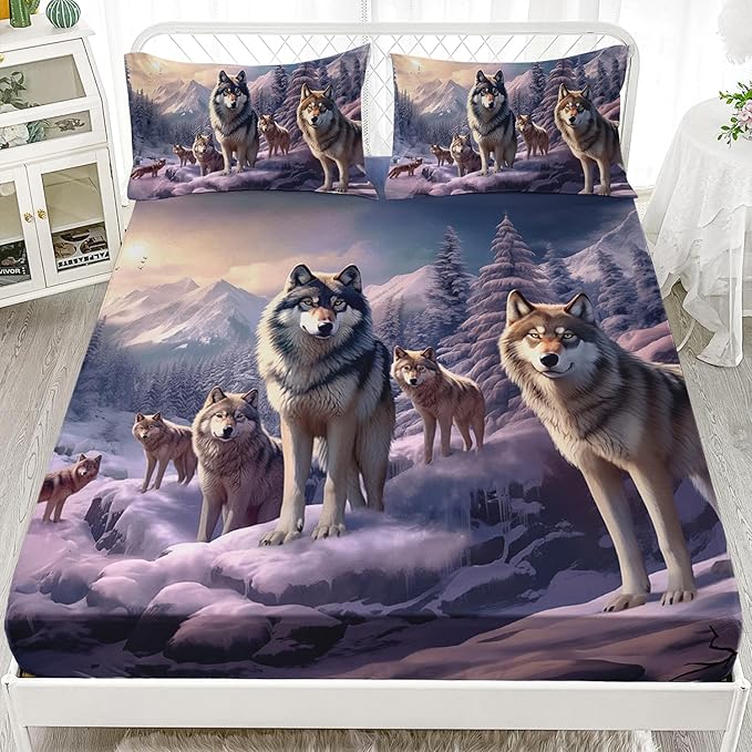 AILONEN Snow Wolf Fitted Sheet Set Full Size, Winter Sunset Wildlife Wolf Bed Sheet Set for Boys Girls Adults,Safari Wolves Print Fitted Sheet with 2 Pillowcases,3 Pieces