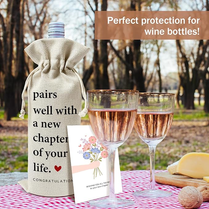 New Job Gifts Wine Gift Bags & Card, New Benning Gifts for Women Men, New Business Owner Gifts Retirement Gift 1 pcs Reusable Burlap Wine Gift Bags for Wine Bottles New Chapter Holiday Party Favor -22
