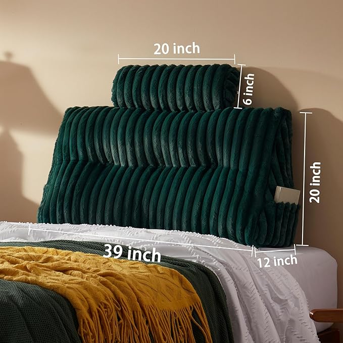 Faux Fur Headboard Pillow with 2 Pack Neck Roll Pillow Large Headboard Pillow Soft and Supportive with Removable Cover (Green, Twin)