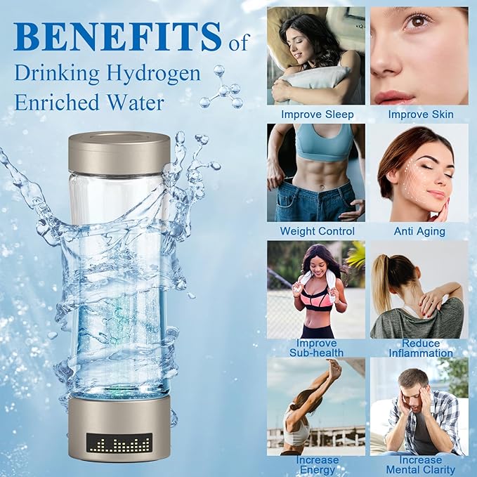 Hydrogen Water Bottle Generator, SPE/PEM Technology Hydrogen-Rich Water Bottle Hydrogen Concentration(+2800ppb), Portable Rechargeable Glass Hydrogen Water Ionizer Machine Gifts for Women&Men