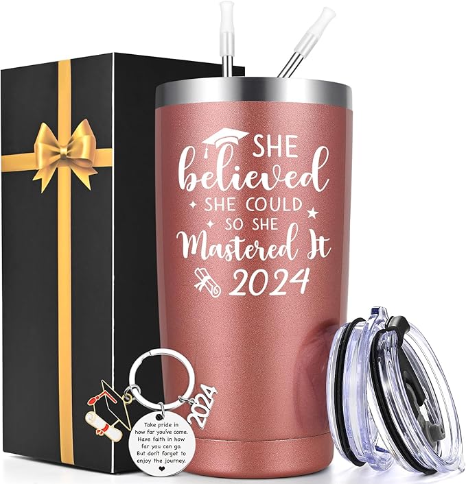 Lifecapido Graduation Gifts for Her, She Believed She Could So She Mastered It 2024 20 oz Insulated Travel Tumbler, Graduation Gifts with Keychain for Masters College High School Graduate, Rose Gold
