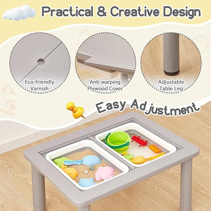 FUNLIO Wooden Sensory Table with 2 Bins for Toddlers 1-5, 4-Level Height Adjustable Kids Sensory Table with Anti-Warping Plywood Lid, Indoor/Outdoor Play Sand and Water Table, CPC Certified, Grey