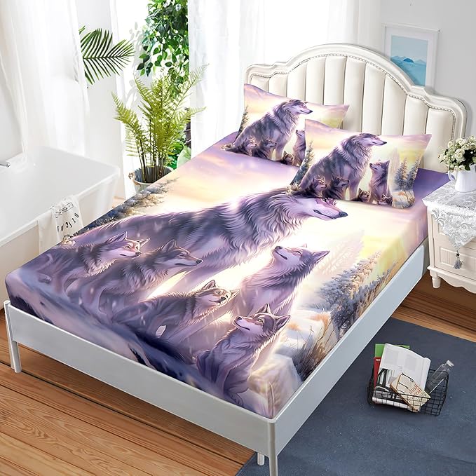 AILONEN Wolf Fitted Sheet Set Full Snow Wolf Bed Sheet Set, Wolfmother and Wolf Pups Theme Bedding Set 3 Pieces Wildlife Wolf Sheet Set for Boys Girls,1 Fitted Sheet with 2 Pillowcases