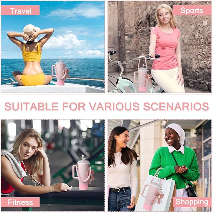 Stanley Cup Accessories Set- Water Bottle Handle Strap, Stanley Cup Protective Silicone Boot, Bow Design Stanley Charms for Stanley Cup 40oz /30 oz Tumbler (pink)