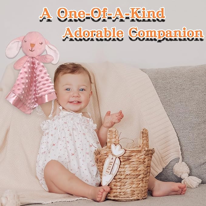 Bunny Security Blanket with Stuffed Animal Snuggle Toy 16" Lovey Soft Lovie Baby Registry Search Baby Girl Birthday Gifts for Infant and Toddler Pink