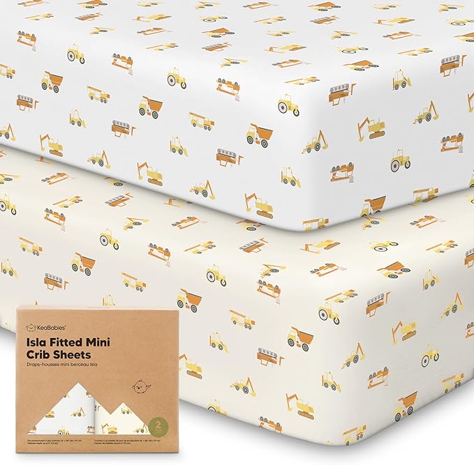 Pack and Play Sheets Fitted, 2-Pack Mini Crib Sheets - Pack N Play Sheets, Organic Fitted Crib Sheet for Pack and Play Mattress, Playard Baby Crib Sheets, Crib Sheets Neutral for Boys (Construction)