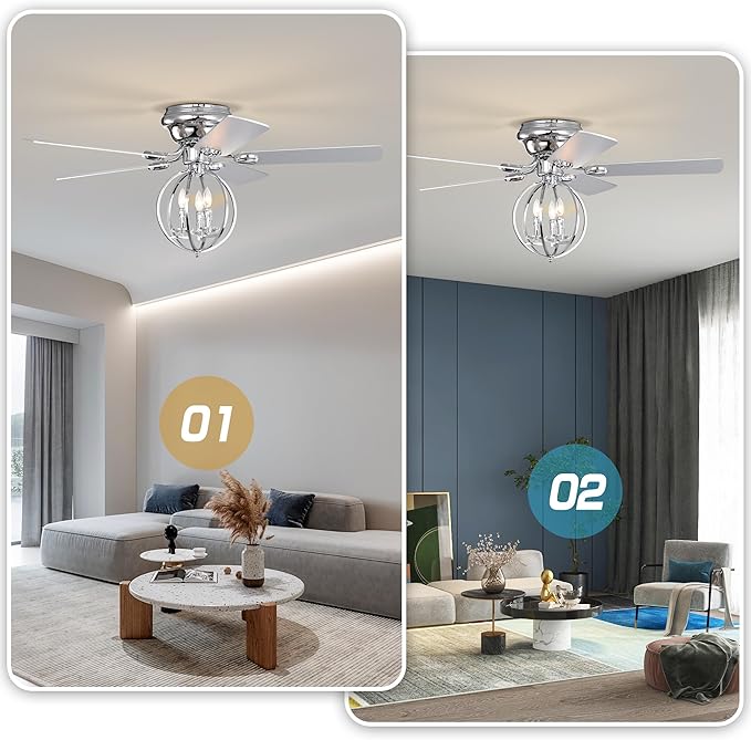 NicBex Ceiling Fan 52 Inch Ceiling Fan with Lights Ceiling Fans with 5 Blades and Remote Control Ceiling Fan with Round Lamp Shade for Bedroom, Living Room, Silver