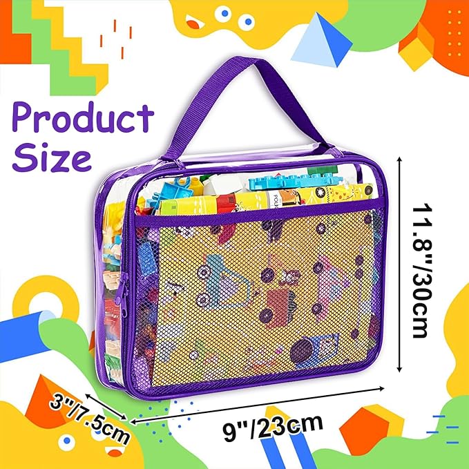 VERONLY 4 Packs PVC Toy Zippered Blocks, Travel Storage Case Bags for Organizing, Waterproof Toy Storage Bags with Mesh Pockets for Building Blocks, Puzzles, Clays,Toy Cars 11.8" Lx3 Wx9 H (Purple).