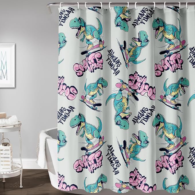 AILONEN Cute Dinosaur Kids Shower Curtain,Sport Cool Dinosaur Bath Curtain Gifts for Boys Teens,Skate Dinosaur Polyester Waterproof for Bathroom with 12 Plastic Hooks 60" W*72" H