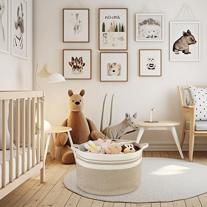 Large Cotton Rope Basket Blankets Basket Living Room 22"x14" Toy Basket for Kids Rope Storage Basket for Nursery Woven Laundry Basket for Clothes Towels Baby Toy Storage round white brown