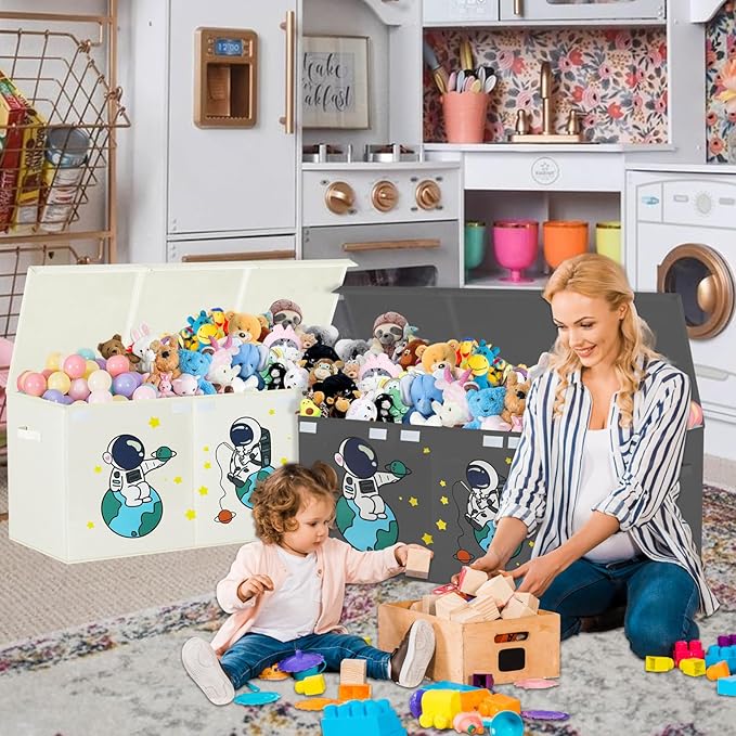 Toy Storage Box with Lid,Extra Large Toy Box Chest Bin Organizer Basket with Dividers for Toddlers,Kids,Boys,Girls,Living Room Area (Beige Astronaut)