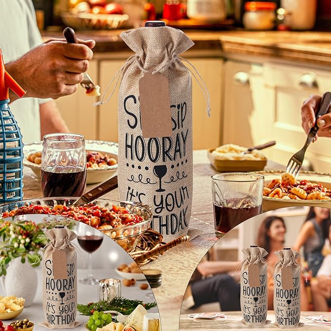 SIRIPHUM Burlap Wine Bags,2PCS Birthday Wine Bottle Gift Bags,Drawstring,Gift Tags,Bottle Cover Tabletop Birthday Party Decor (“Sip Sip Hooray”-Red)