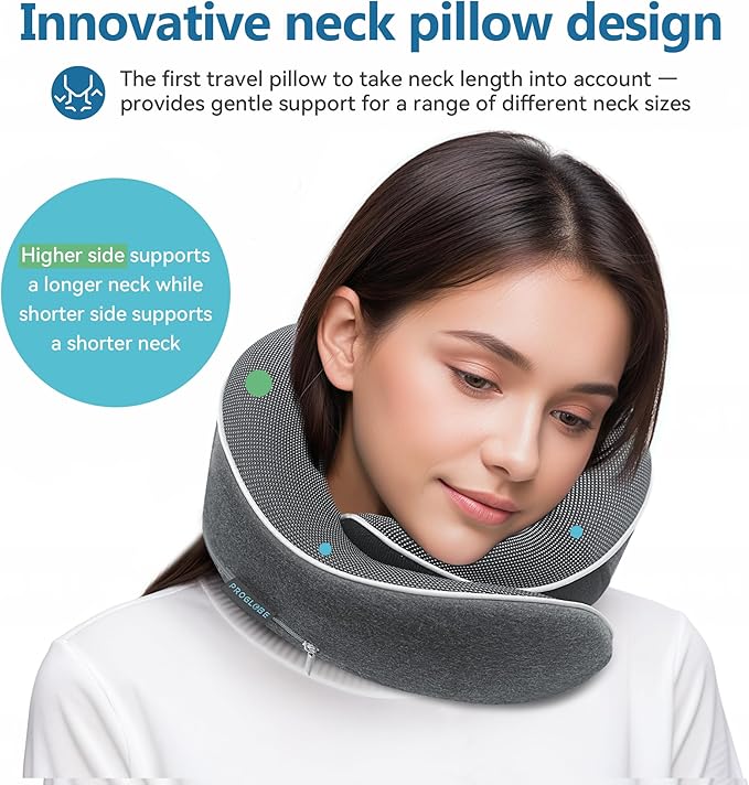 Travel Pillow 100% Pure Memory Foam Neck Pillow, Pillows for Sleeping, Car and Airplane Travel Essentials, Travel Kit with 3D Contoured Eye Masks, Earplugs and Luxury Mesh Bag (Dark Grey)