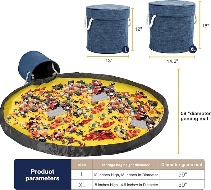 EXQ Home Toy Storage Basket and Building Bricks Toy Play Mat for Kids Rooms- Organizer Storage Organizer for Toys, Playroom Canvas Bag Gift for Boy/Girls (Navy 13" x12")