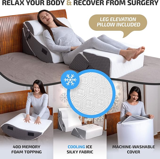 Orthopedic Bed Wedge Pillow Set w/Leg Elevation Pillow - Perfect Adjustable Memory Foam Pillows for After Surgery Recovery, Back Support, Pain Relief & Sleeping (5 pcs Grey with Cooling Fabric)