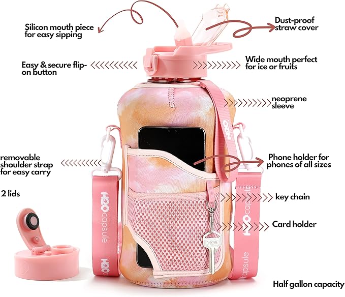 H2O Capsule 2.2L Half Gallon Water Bottle with Storage Sleeve and Removable Straw – BPA Free Large Reusable Drink Container with Handle - Big Sports Jug, 2.2 Liter (74 Ounce), Warm TieDye