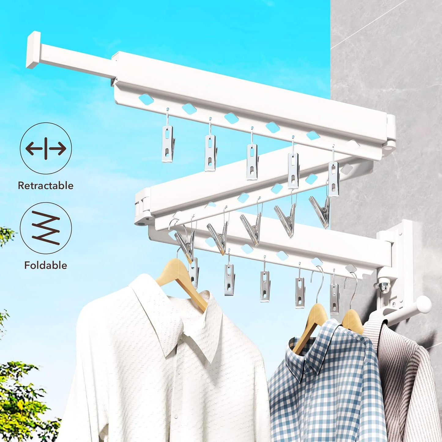 Wall Mounted Clothes Hanger,Clothes Drying Rack,Laundry Rack Wall Mount,Drying Rack Clothing,Clothes Rack Retractable,Collapsible(Tri-Fold), with Windproof Holes & Clips,White Color