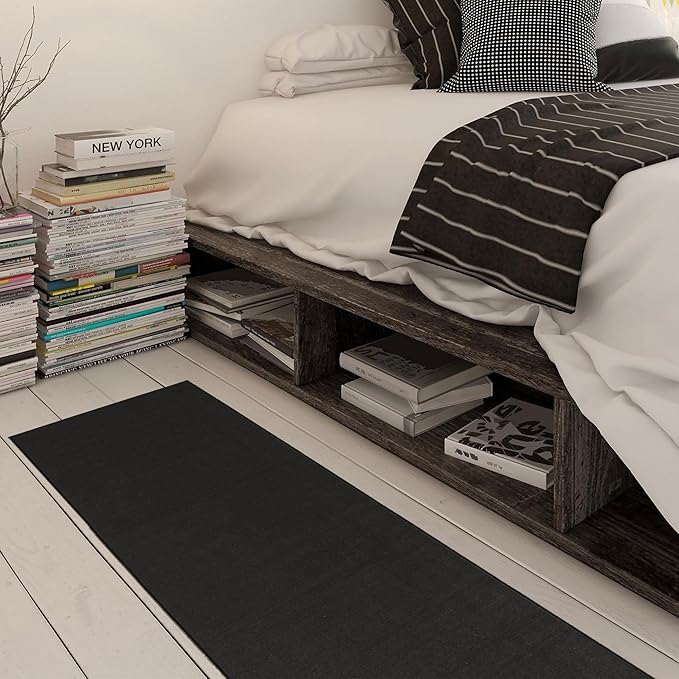 Machine Washable Modern Solid Design Non-Slip Rubberback 2x5 Traditional Runner Rug for Hallway, Kitchen, Bedroom, Entryway, 20" x 59", Black