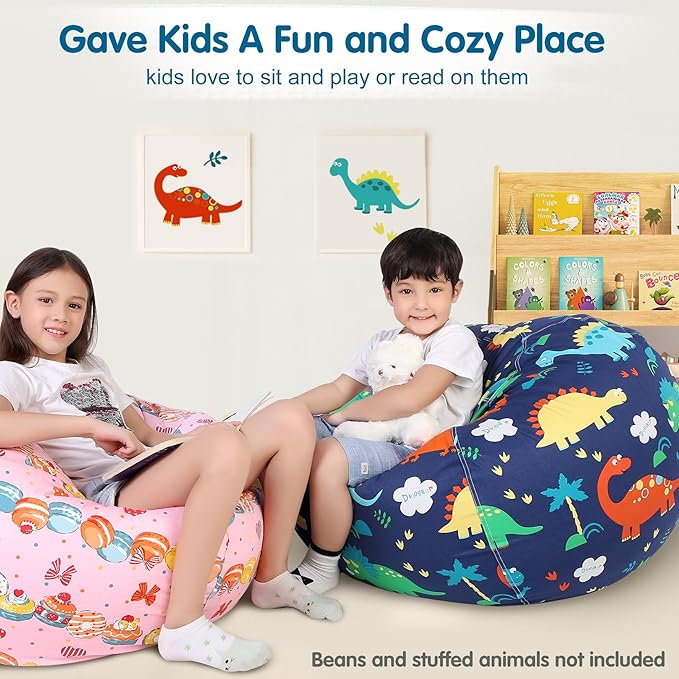 Lukeight Stuffed Animal Storage Bean Bag Chair Cover for Kids, Dinosaur Zipper Beanbag Chair Cover for Organizing Toddler and Kids' Rooms Plush Toys (Dinosaur, XX-Large)