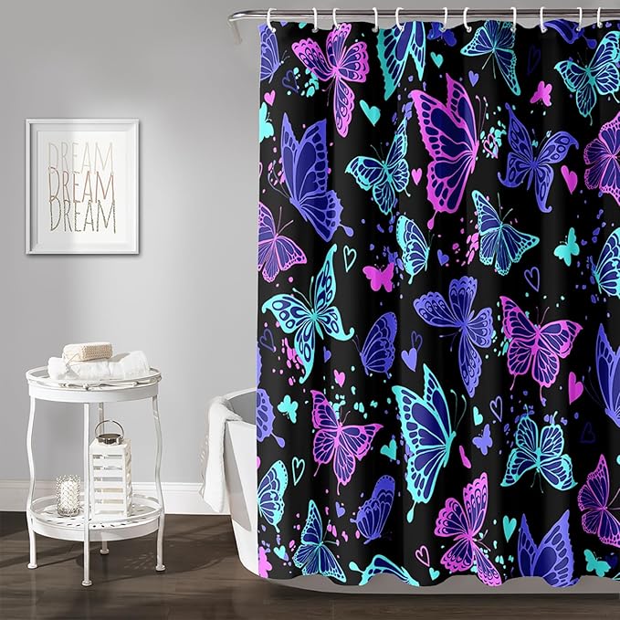 AILONEN Colorful Butterfly Shower Curtain, Butterfly Bath Curtain for Bathroom Decor,Polyester Waterproof with 12 Plastic Hooks 72" W*78" H