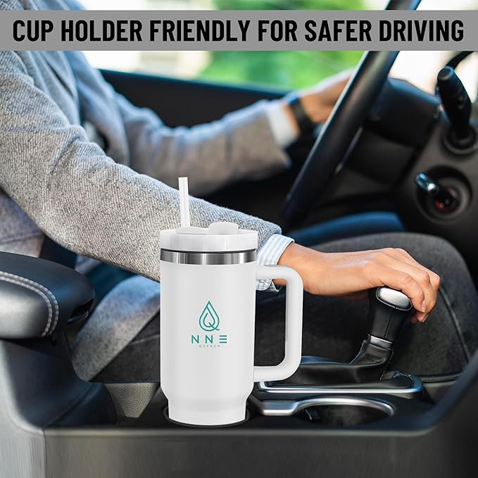 40oz stainless Steel Insulated Tumbler with Handle, lid and straw for cold water, Iced tea, or coffee - 100% Leak-Proof - Cupholder Friendly Travel Mug- Gifts for Women Men Him Her (white)