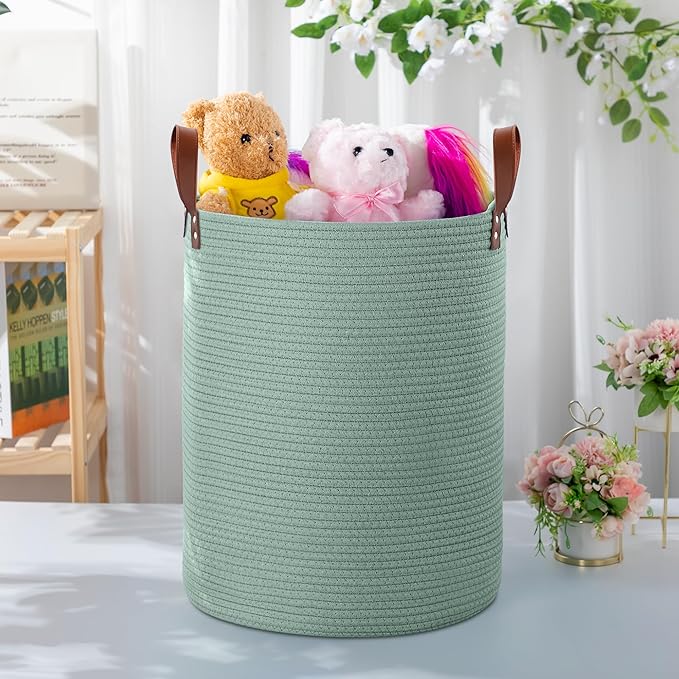 80L Large Rope Basket, Woven Rope Storage Basket with Leather Handles, Dog Toy Storage Basket, Bedroom, Nursery Blanket Storage, Bathroom Laundry Basket, 16“x20” Tall Rope Basket (Green)