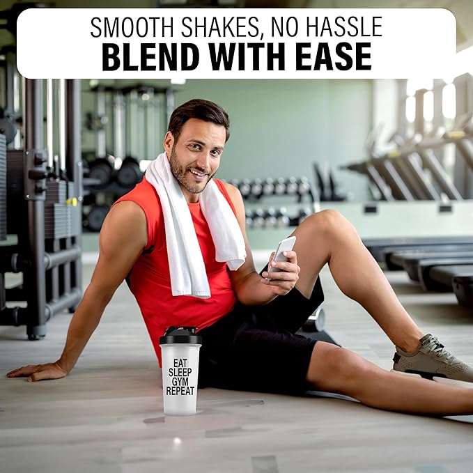 Shaker Bottles for Protein Shakes 24oz, Plastic Bottle for Pre and Post Workout, Protein Shaker Bottle with Wire Whisk Ball, Shaker Cup, Dishwasher Safe (EAT SLEEP GYM REPEAT, WHITE)