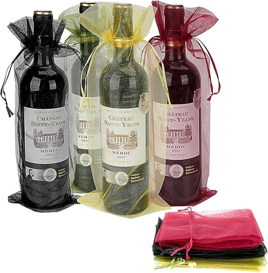 CAIRIAC Wine Bags for Wine Bottles Gifts, Mesh Gift Bags with Drawstring, Fancy Sheer Organza Bags for Wedding, Bridal, Baby Shower, Party Favors Wapping Gift (40 Pcs, 6x14, Red, Gold, Black, Green)