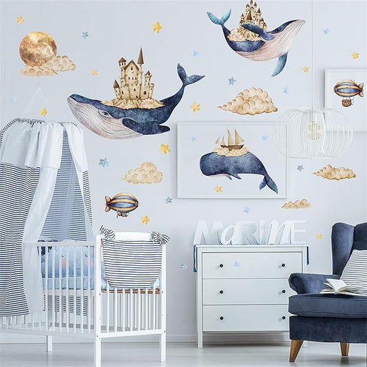 Removable Vinyl Whale Wall Decal Sea Life Wall Sticker Decor Nursery Kidsroom School Classroom Livingroom Bedroom Bathroom Coastal Ocean Fish Murals Decals