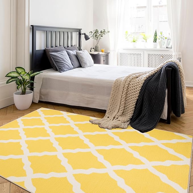 Machine Washable Moroccan Trellis Design Non-Slip Rubberback 5x7 Traditional Indoor Area Rug for Living Room, Bedroom, Dining Room, 5' x 6'6", Yellow