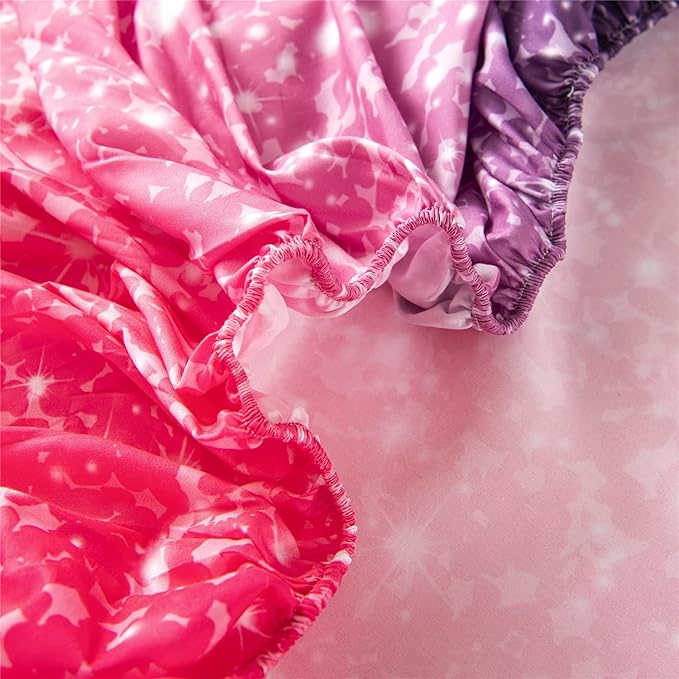 RYNGHIPY 3D Glitter Bed Sheet Set for Kids Teens Girls Women, Pink and Purple Rainbow Fitted Sheet & Pillowcase, Glitter Print Bedding Collections (Purple Pink,Full)