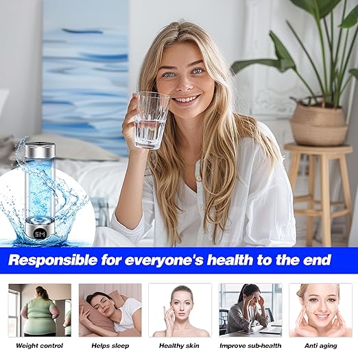 Newest Hydrogen Water Bottle, Ion Hydrogen Water Bottle Generator, Pure Water Electrolysis, Double Glass, Power Display, Electrolysis Timer, for Office, Travel, Gift for Love, Silver