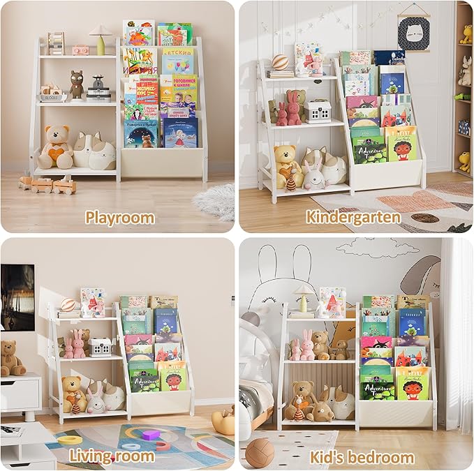Kids Bookshelf and Toy Organizer, Book Shelf for Kids Rooms,2 in 1 Nursery Book Shelves, Toddler Bookshelf Montessori Bookshelf and Kids Book Shelf (White)