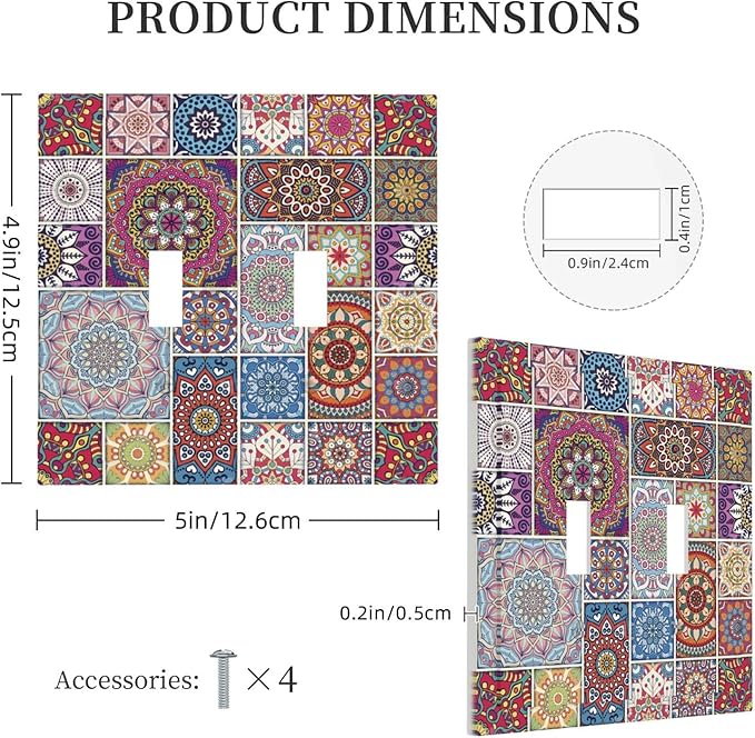 Morocco Talavera Mexican Tiles Printed Colroful Mandala Double Toggle Light Switch Covers 2 Gang Wall Plate Dual Decorative Switchplate Electrical Faceplate for Kitchen Bathroom Bedroom Decor