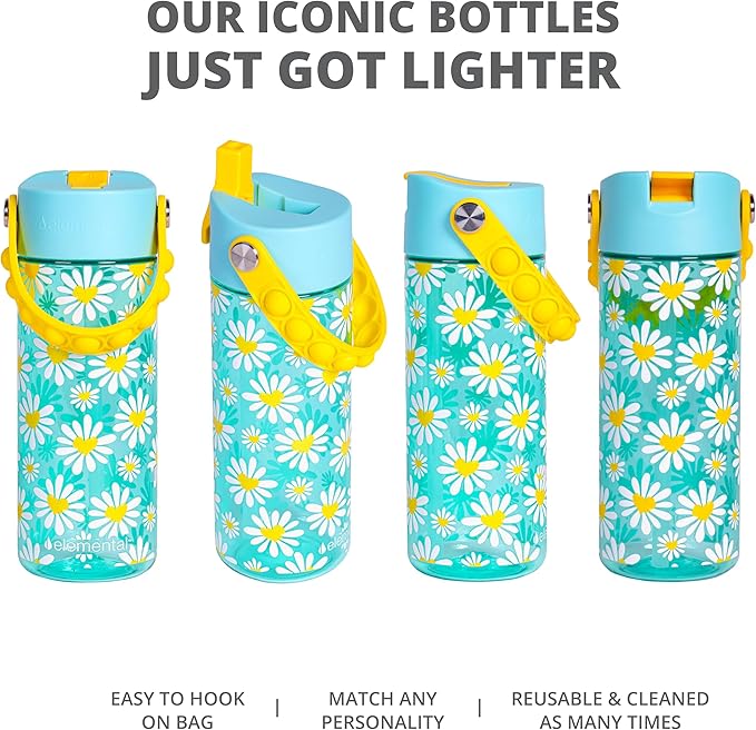 Elemental Leak Proof Water Bottles for Kids - Splash Kids Water Bottle for School with Fun Fidget Pop-it Handle - BPA Free Tritan Plastic Reusable Water Bottle with Straw - Daisy Heart - 18oz