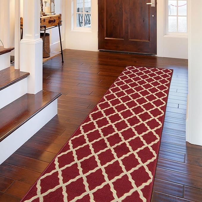 Ottomanson Machine Washable Elegant Trellis Design Non-Slip Rubberback 2x7 Traditional Runner Rug for Hallway, Kitchen, Bedroom, Living Room, 1'10" x 7', Red