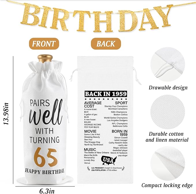 Lifecapido 65th Birthday Gifts for Women, Vintage 1959 Limited Edition Insulated Wine Tumbler with Wine Bag, 65 Year Old Birthday Gifts for Friends Mom Aunt Grandma Wine Lover Woman, 12 oz